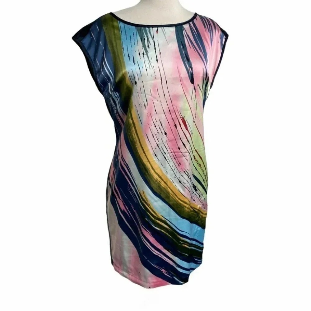 Forenza Shift Dress 2 Multicolor Abstract Brushstroke Cap Sleeve Boat Neck